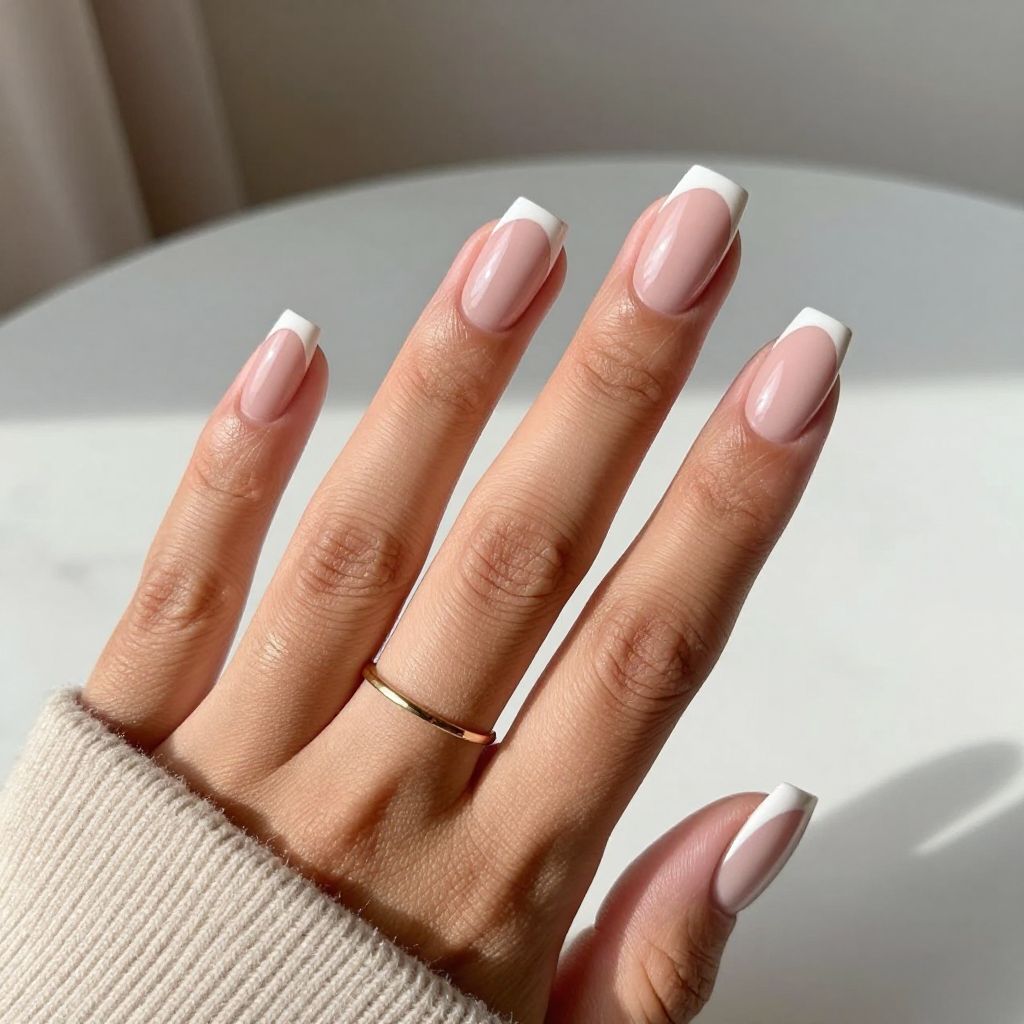Nude Pink Base with Sharp White Square Tips