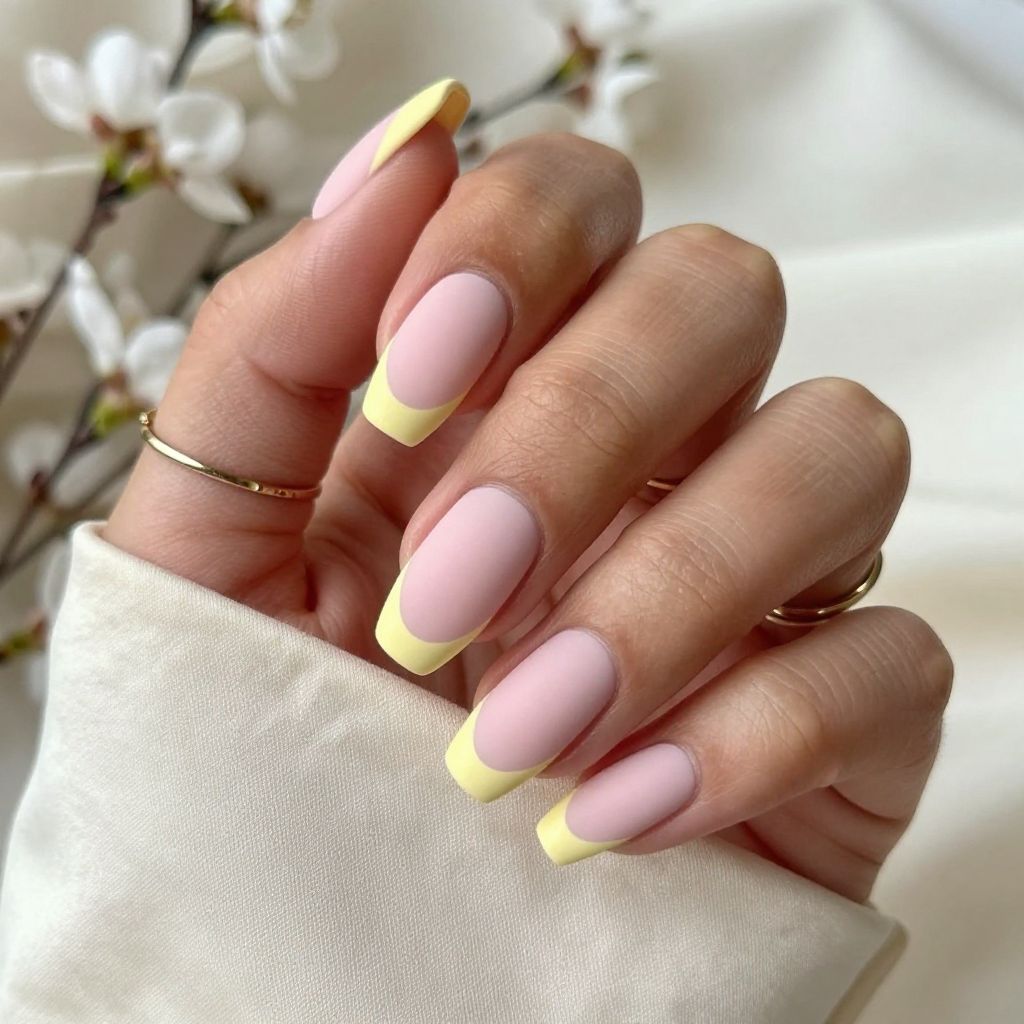 Pale Yellow French Tips With Soft Pink Matte Base