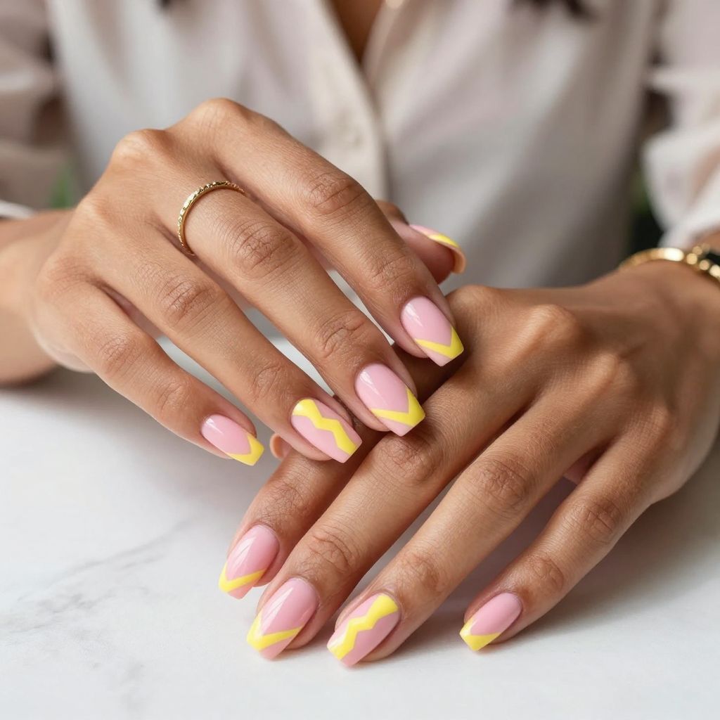 Bright Pink Nails With Matte Yellow Chevron Stripes