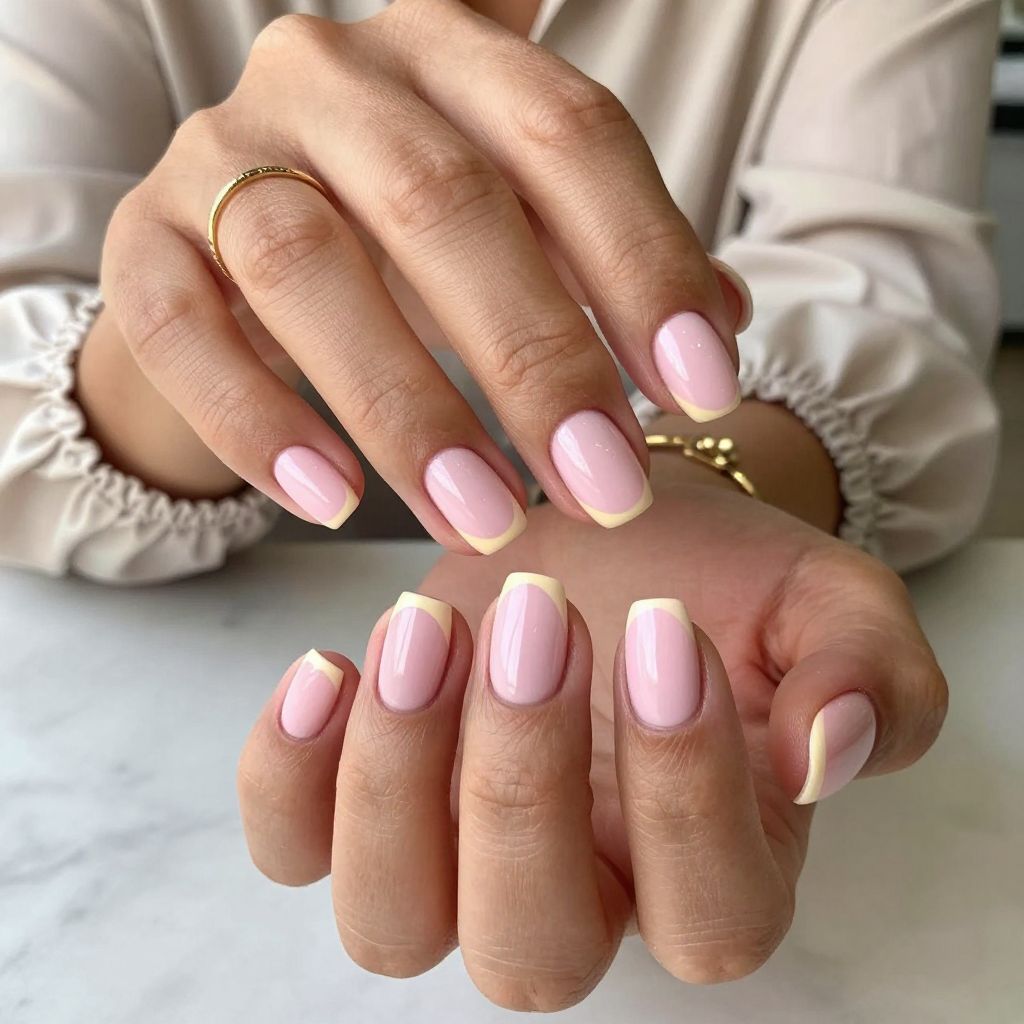 Soft Pink Nails With Minimalist Yellow Line Detail