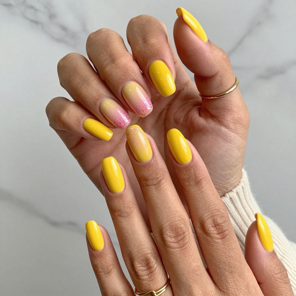 Glossy Yellow Nails With Pink Glitter Ombre Accent