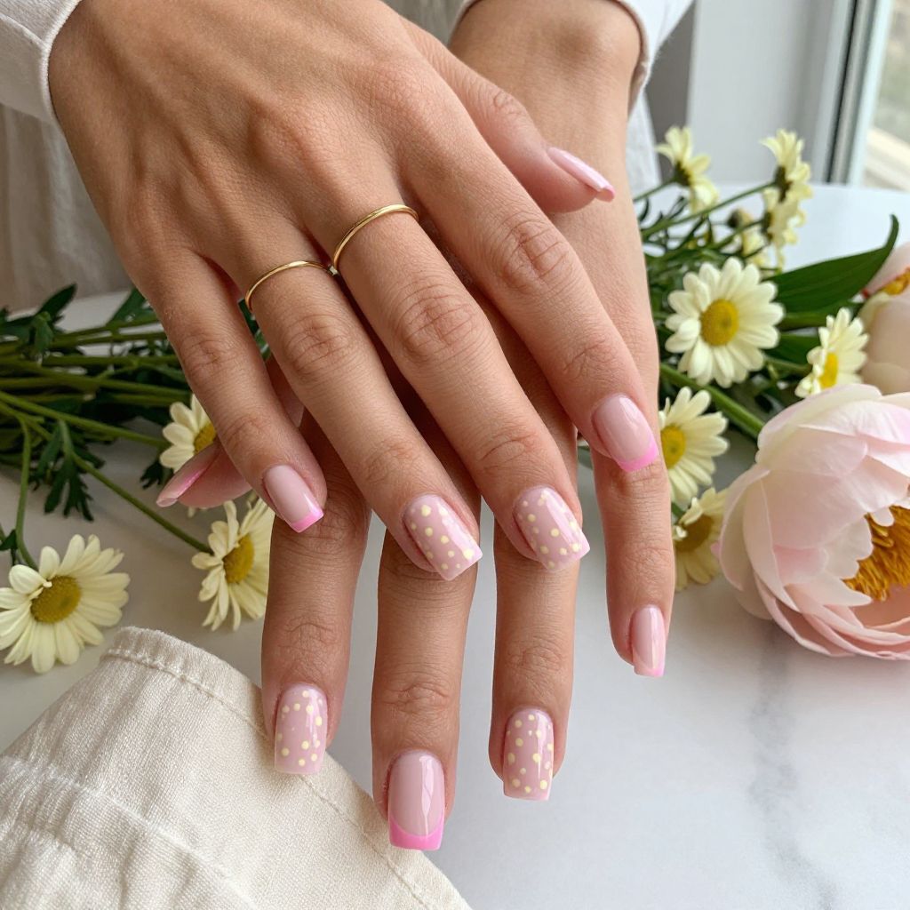 Baby Pink Nails With Yellow Polka Dot French Tips