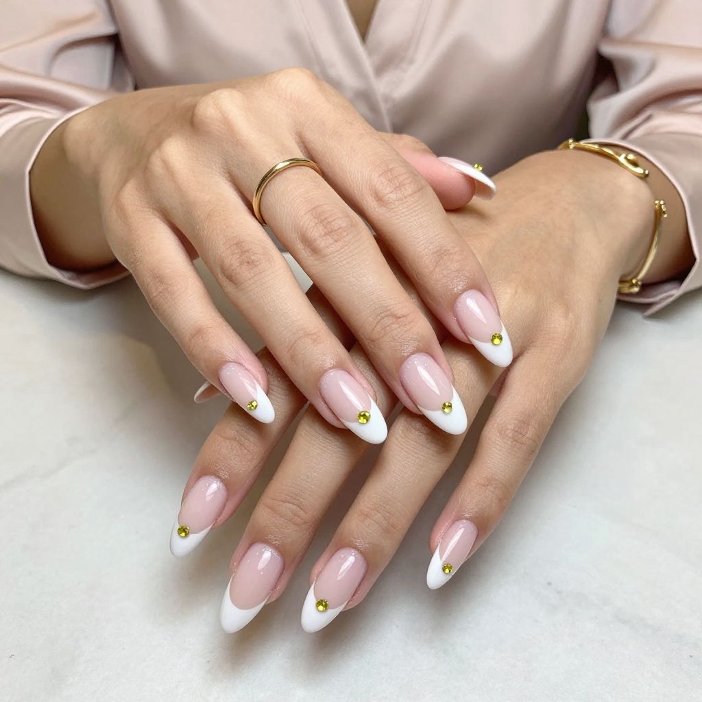Pale Pink French Manicure With Vibrant Yellow Gems