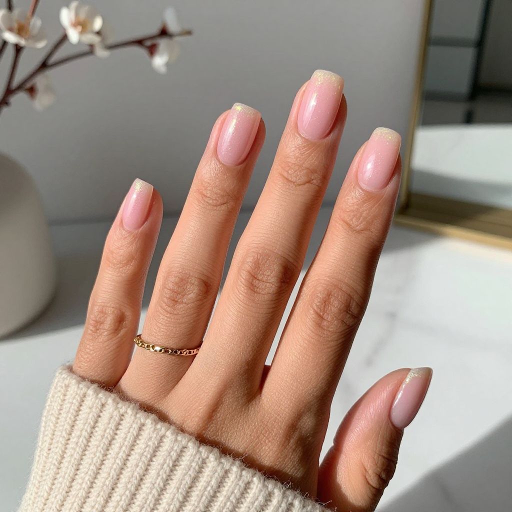 Soft Pink Jelly Nails With Yellow Glitter Gradient