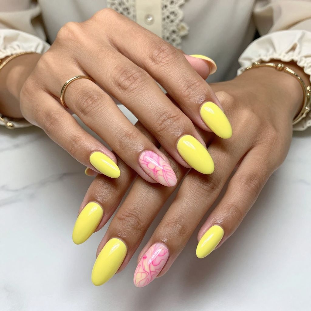 Lemon Yellow Nails With Pink Marble Effect