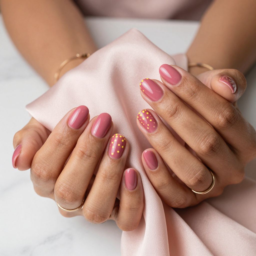 Rosy Pink Nails With Tiny Yellow Polka Accents