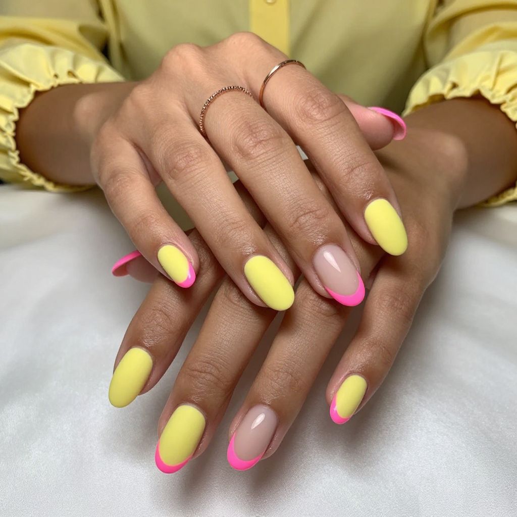 Matte Yellow Base With Pink Neon French Tips