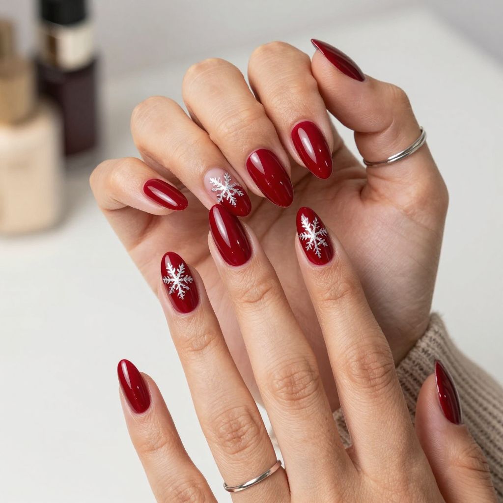 Festive Red with Silver Snowflake Nail Art