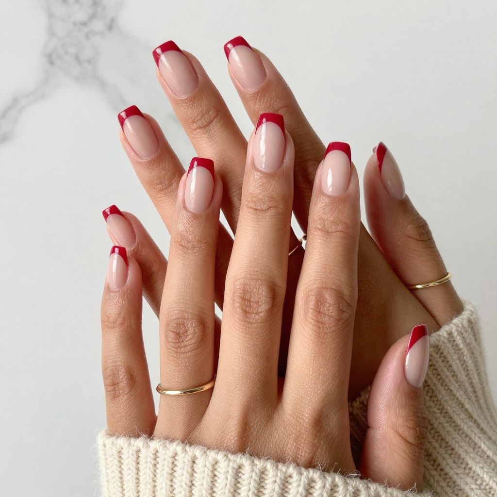 Matte Red Tips with Glossy Nude Base