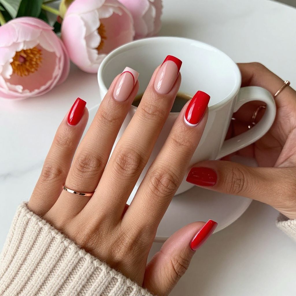 Opaque Red Tips with White Negative Space Stripe