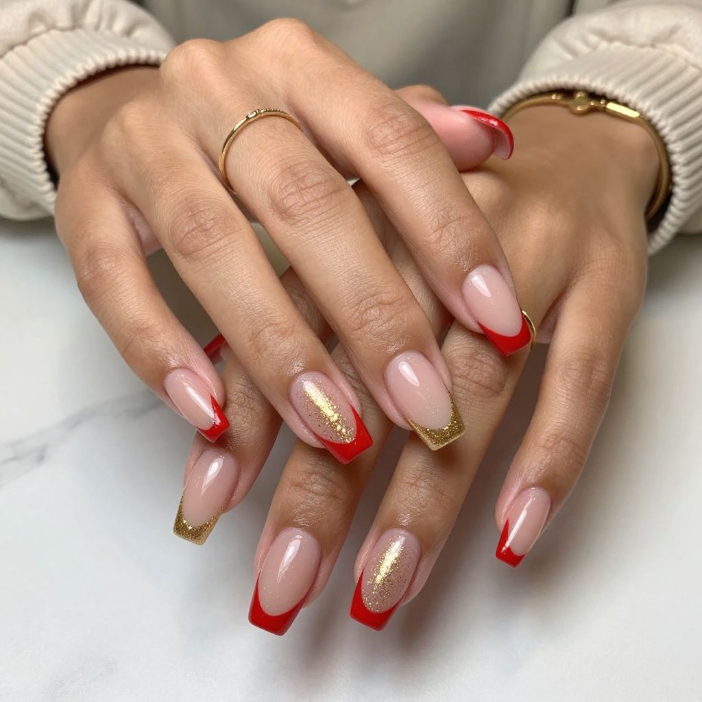 Sheer Nude Base with Bright Red Tips and Gold Glitter Gradient