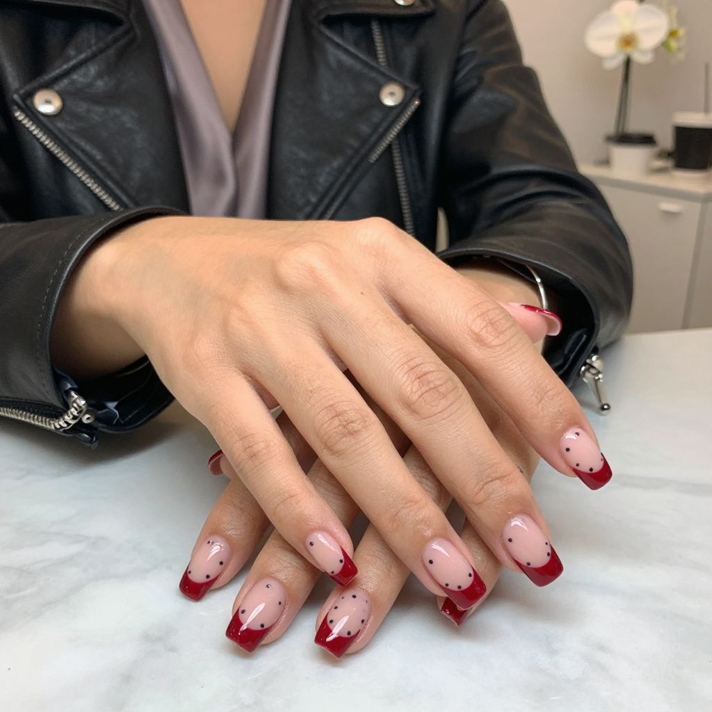 Glossy Deep Red Tips with Black Micro Dots