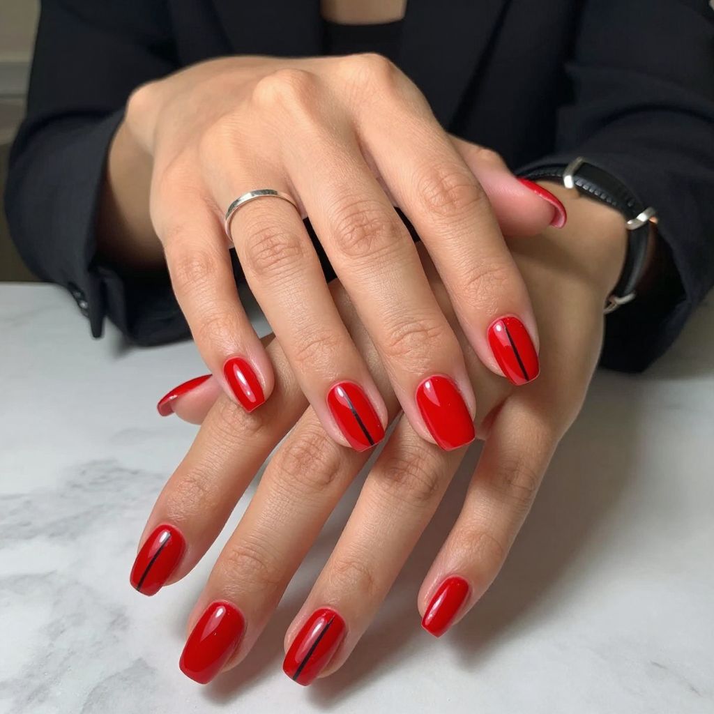 Scarlet Nails with Thin Black Pinstripes