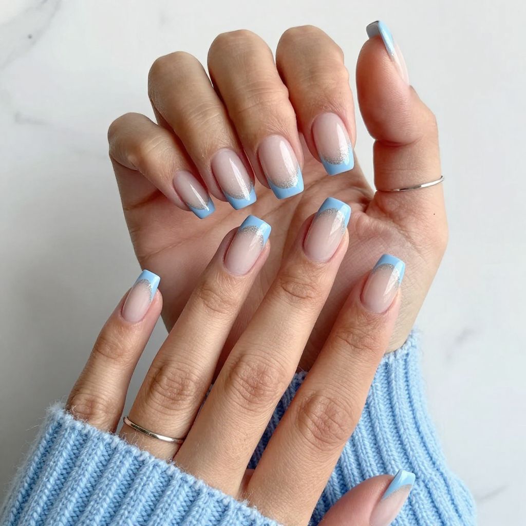 Soft Blue French Tips with Glitter Fade