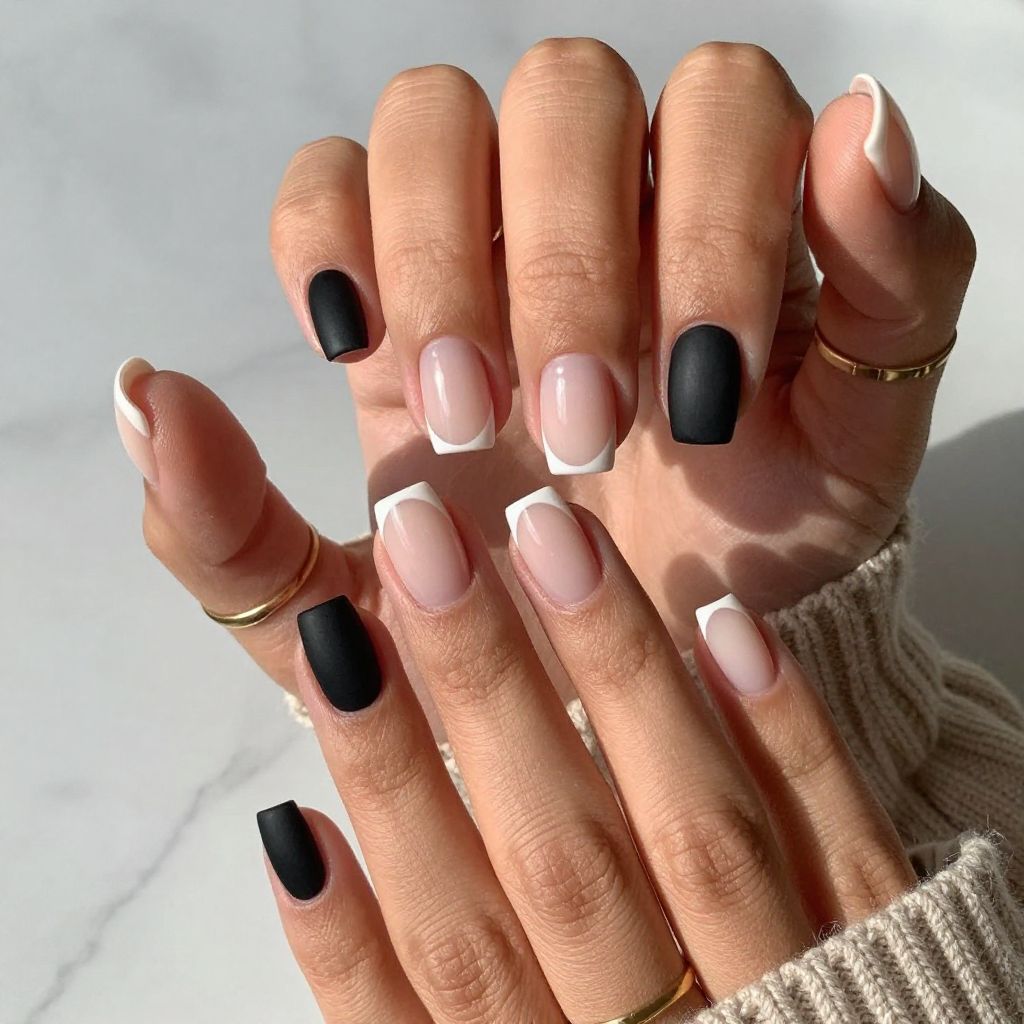 French Tips with Matte Black Accent Nails