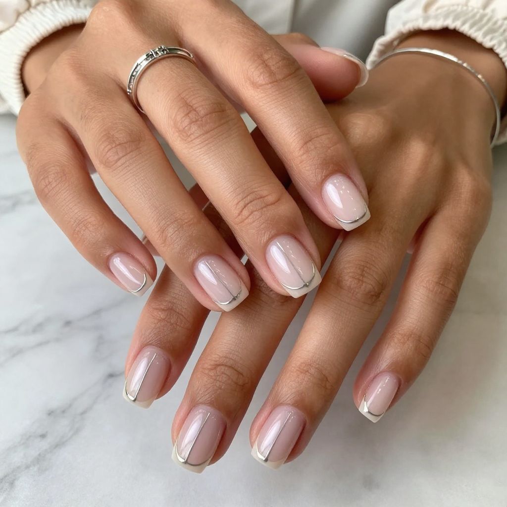 Simple Silver Line on Clear Nails