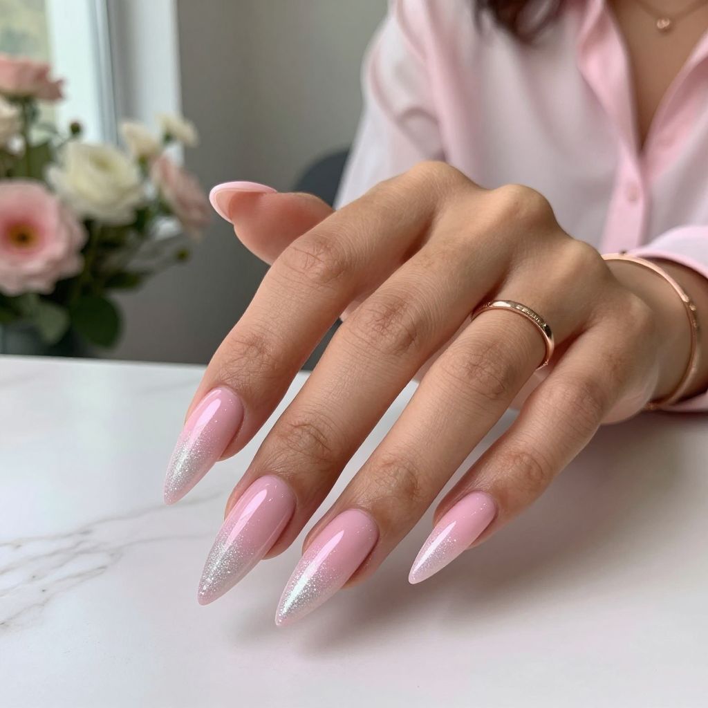 Soft Pink Stiletto with Glitter Fade Nails