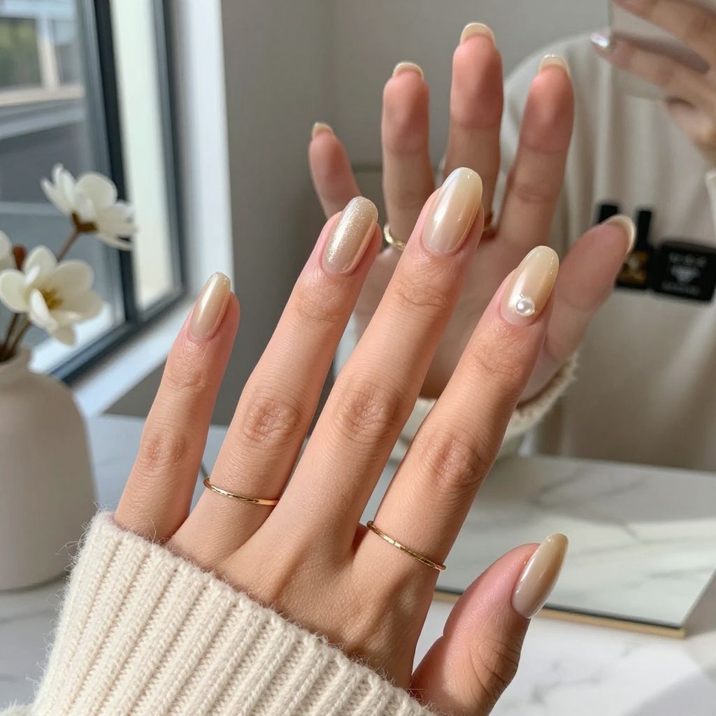 Champagne Beige Almond with Pearl Detail Nails