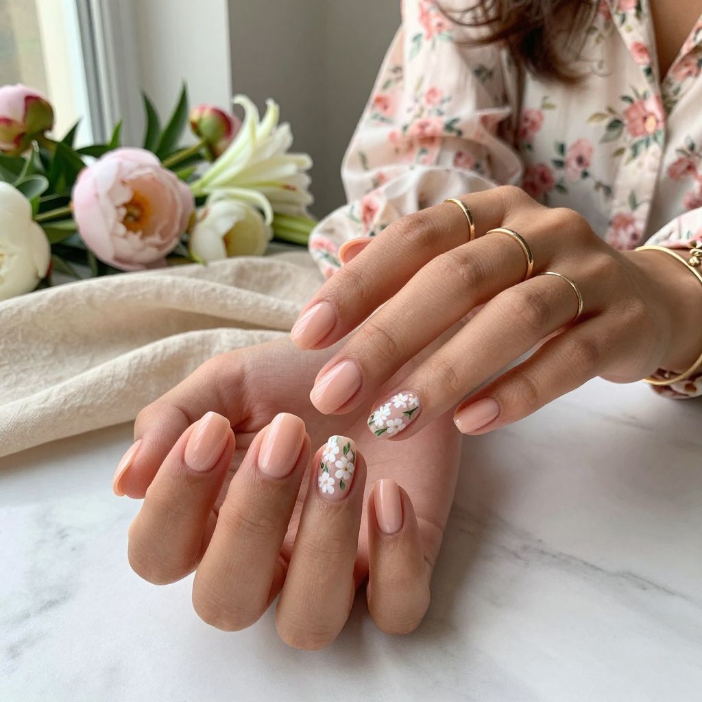 Soft Peach Oval with Tiny Floral Art Nails