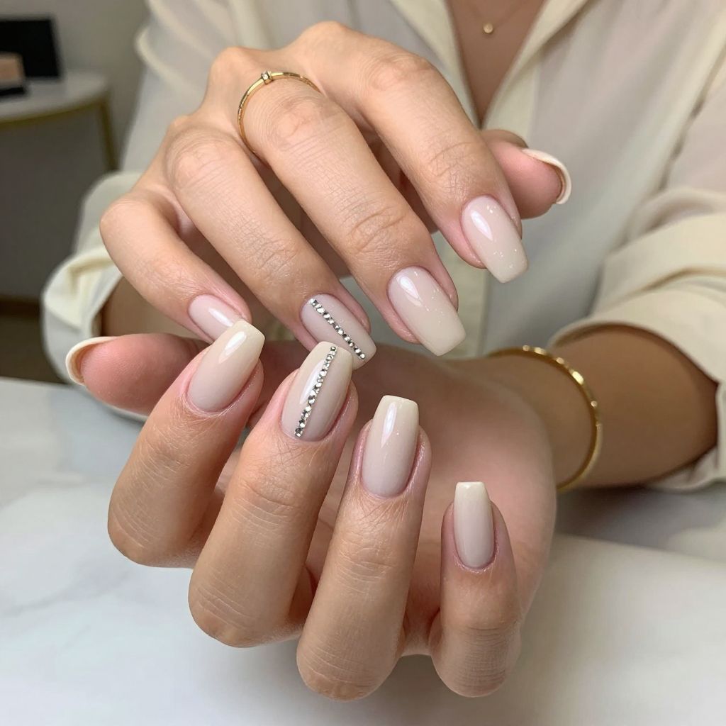 Nude Glossy Coffin with Crystal Line Nails