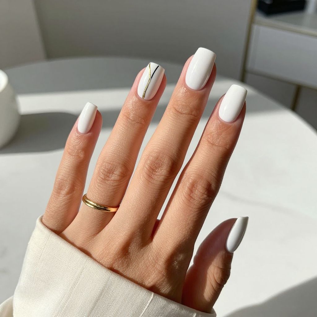 Milky White Square with Minimal Line Art Nails