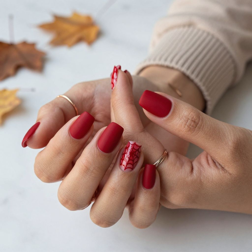 Spider Web Lattice on Red Matte Nails