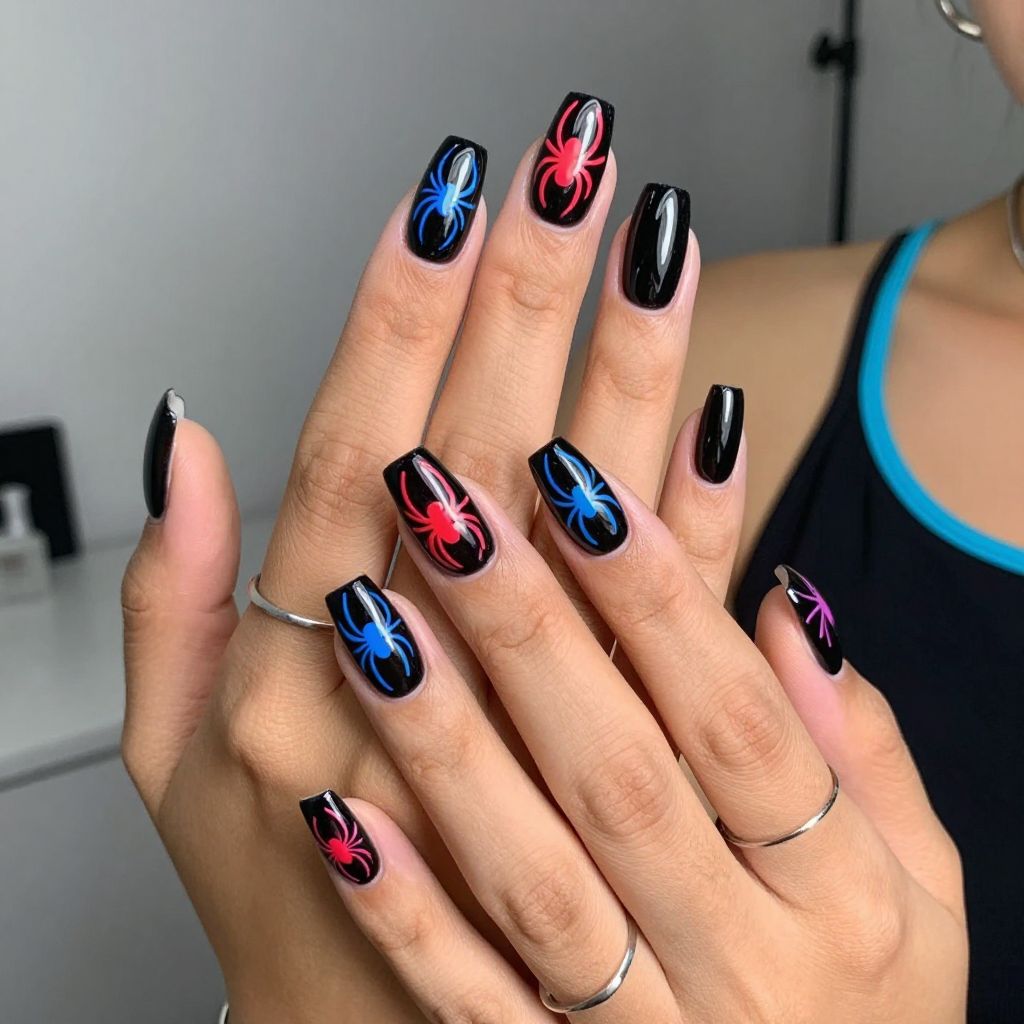 Neon Red and Blue Spider Details