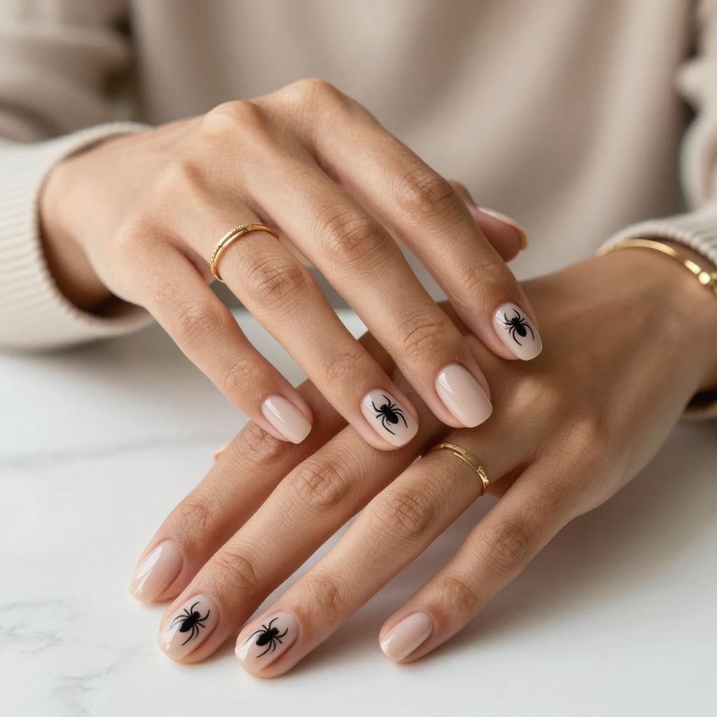 Subtle Spider Emblem at Cuticles on Nude Glossy Nails
