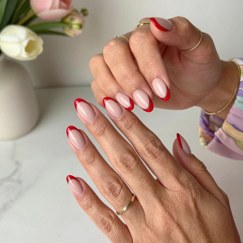 Red French Tips with Webs on Nude Base