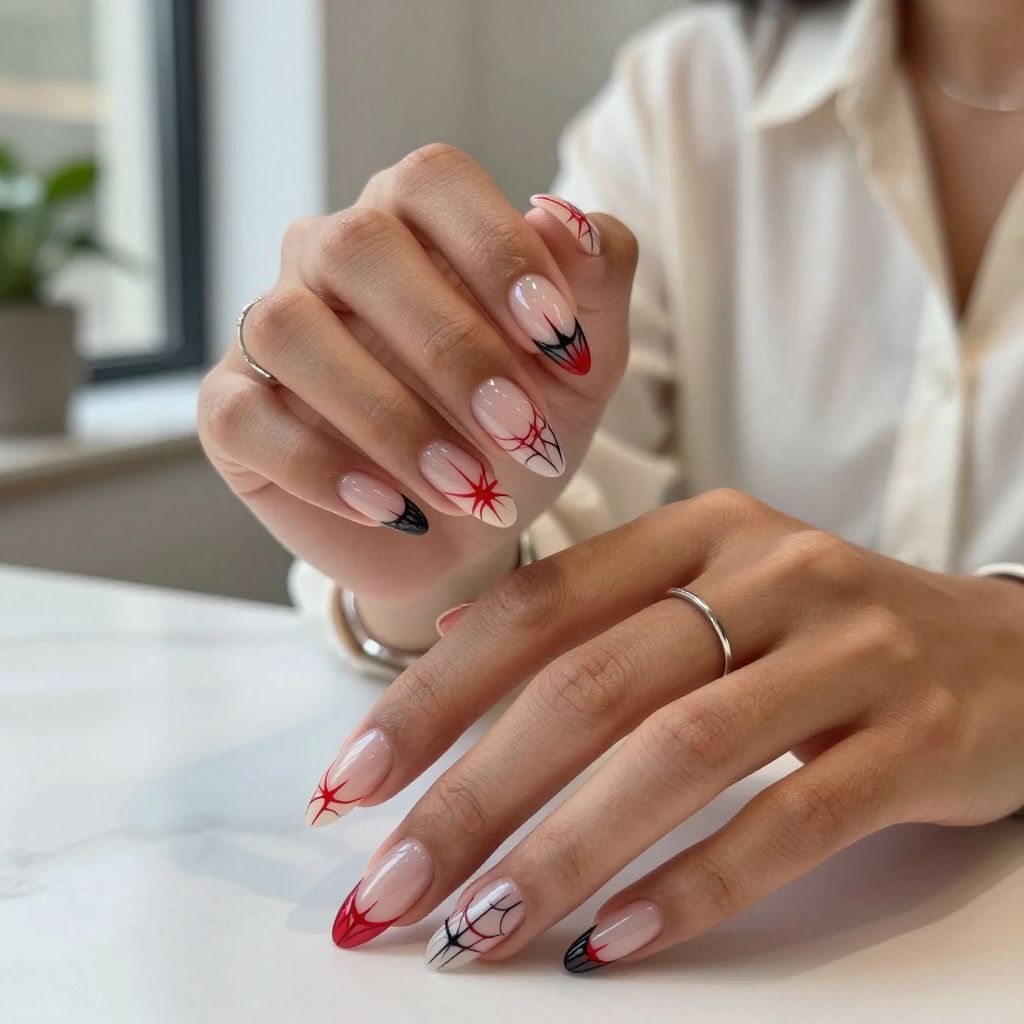 Transparent Nails with Red and Black Web Lines
