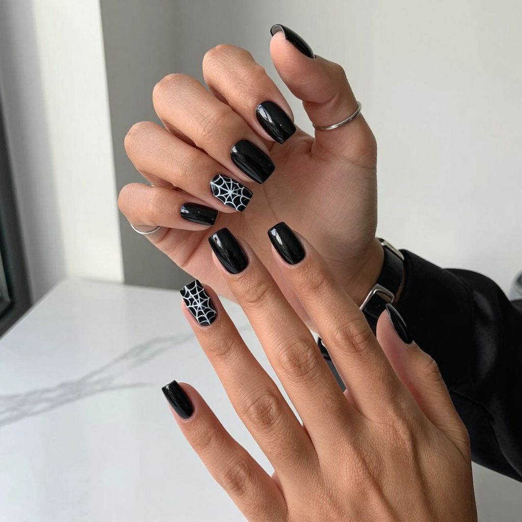 Webbed Accent Nail on Glossy Black Set