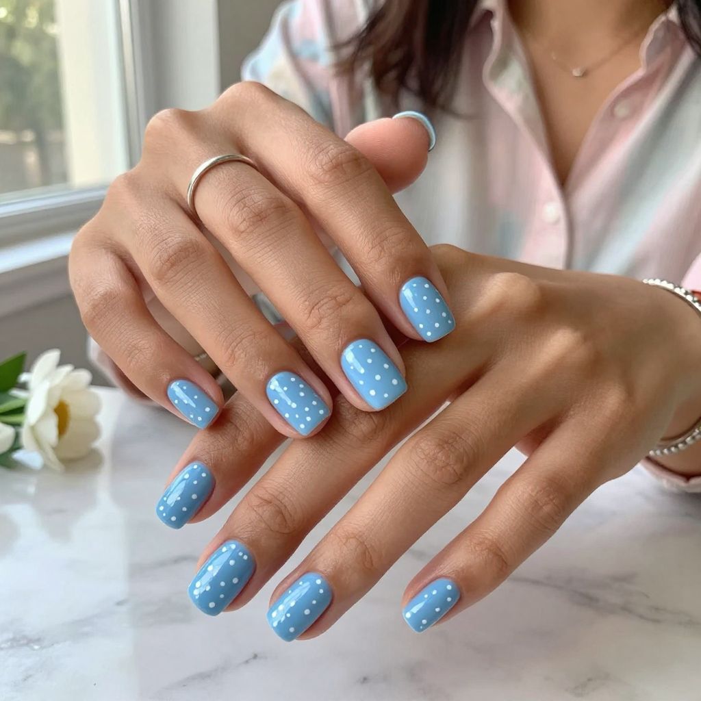 Baby Blue Glossy with White Polka Dots