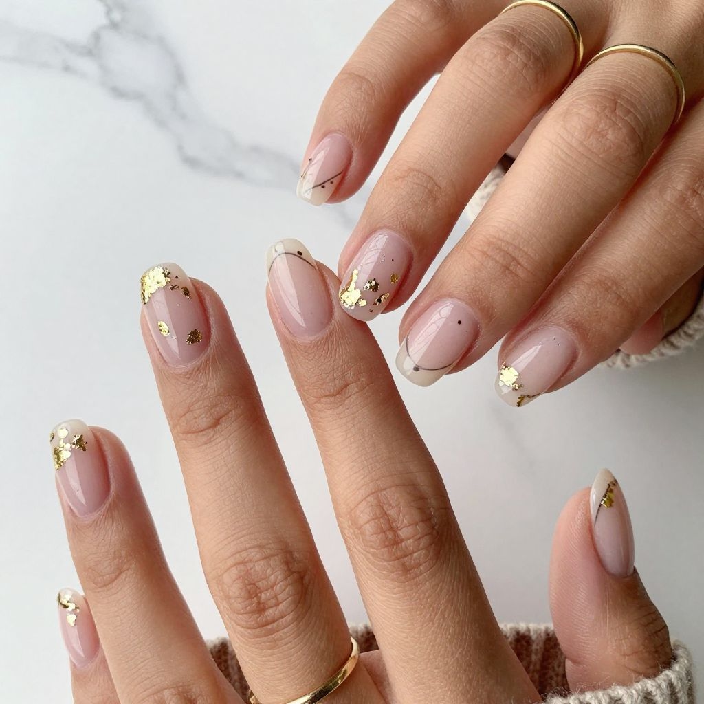 Clear Nails with Gold Foil and Minimalist Lines