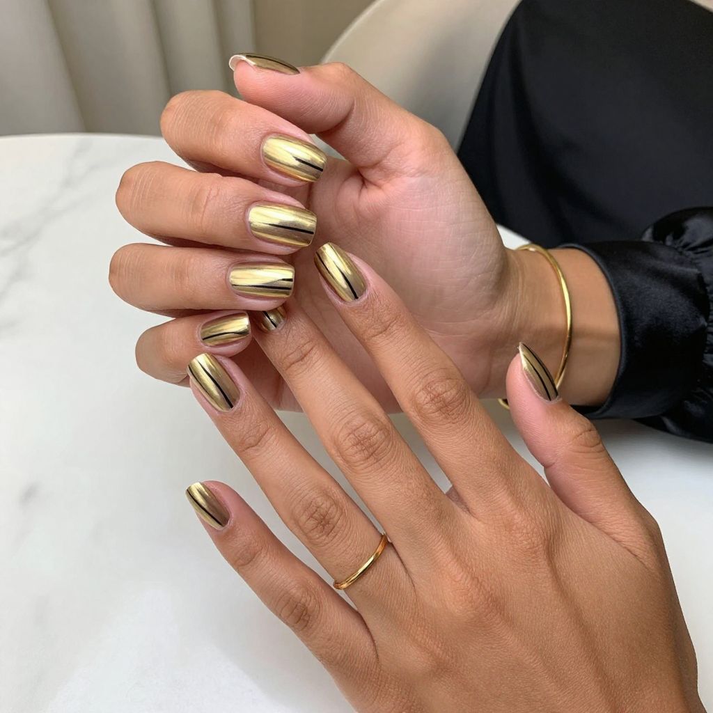 Metallic Gold Nails with Black Stripe Detailing