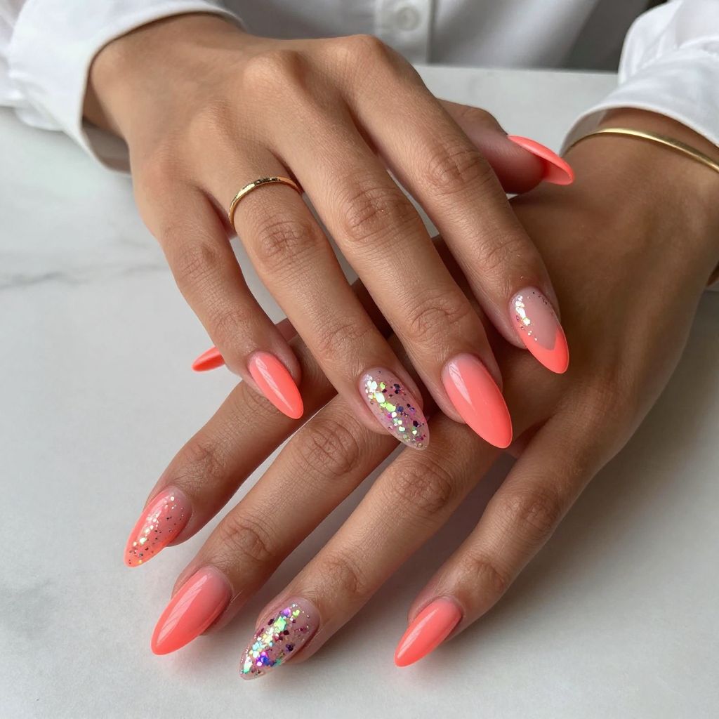 Neon Coral Nails with Iridescent Shards