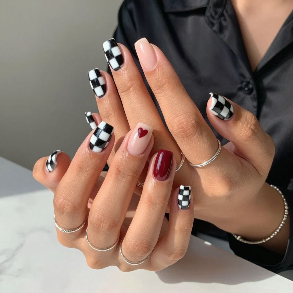 Graphic Checkerboard in Black and White With Tiny Red Hearts