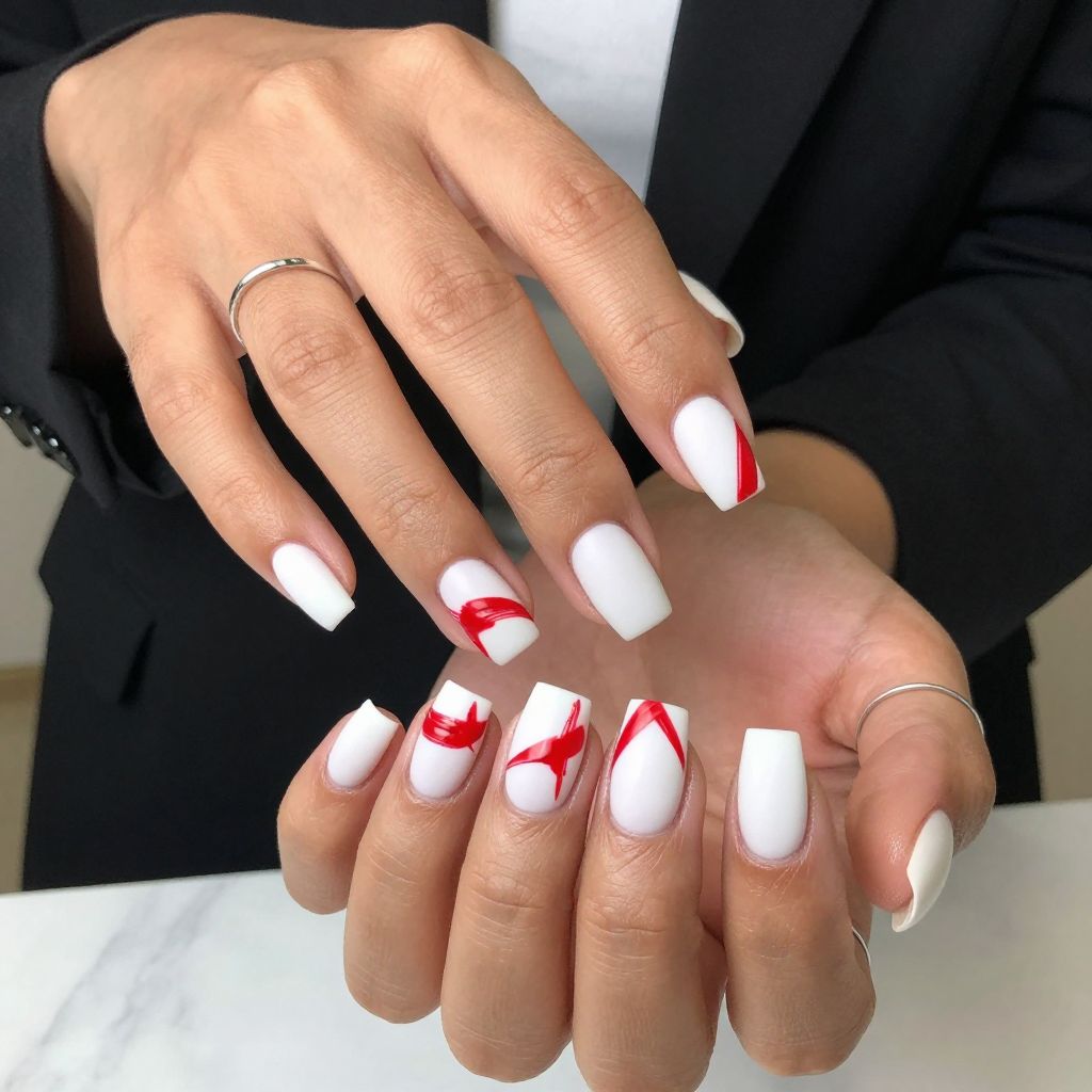 White Matte Nails with Abstract Red Brush Strokes