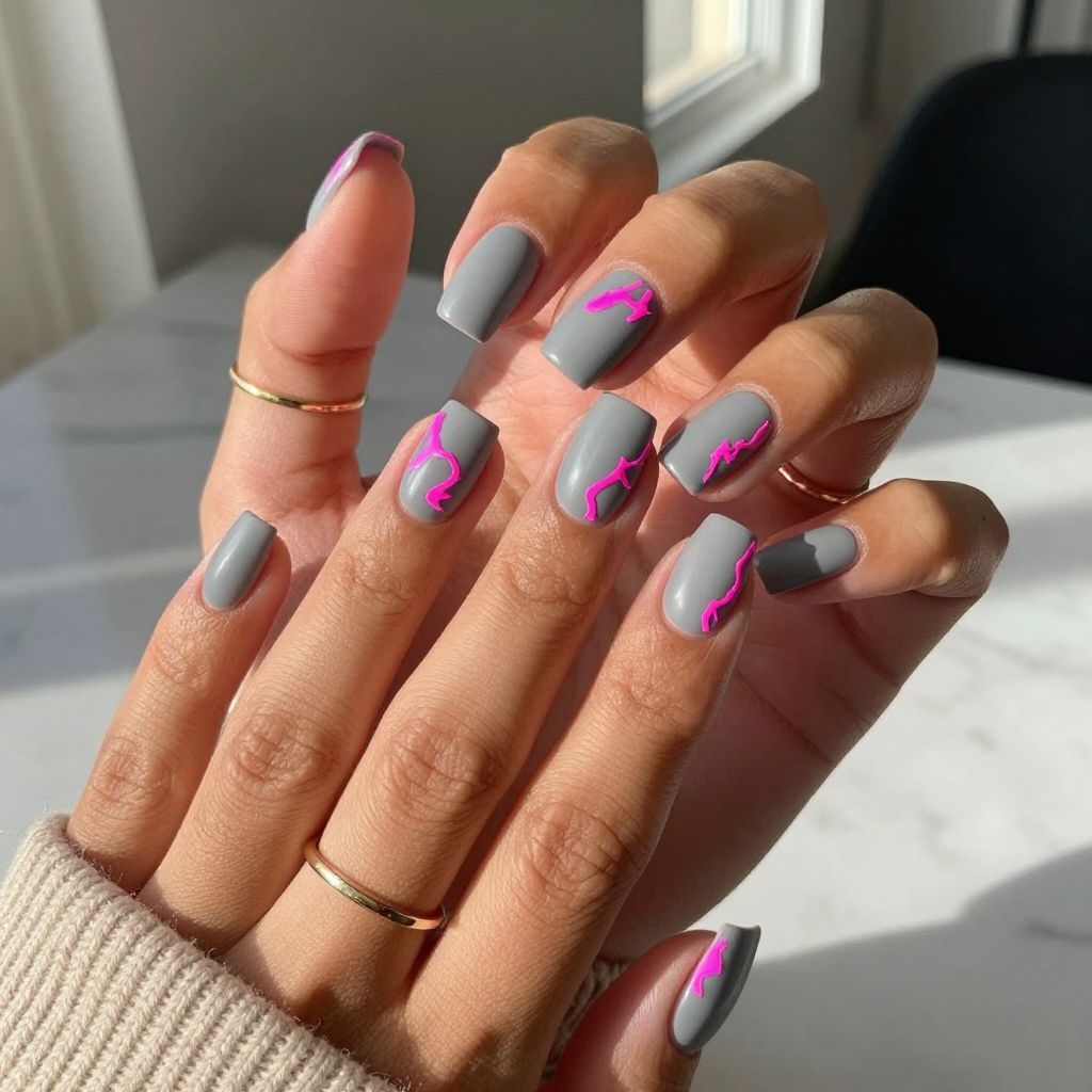 Matte Gray Nails with Neon Pink Abstract Shapes