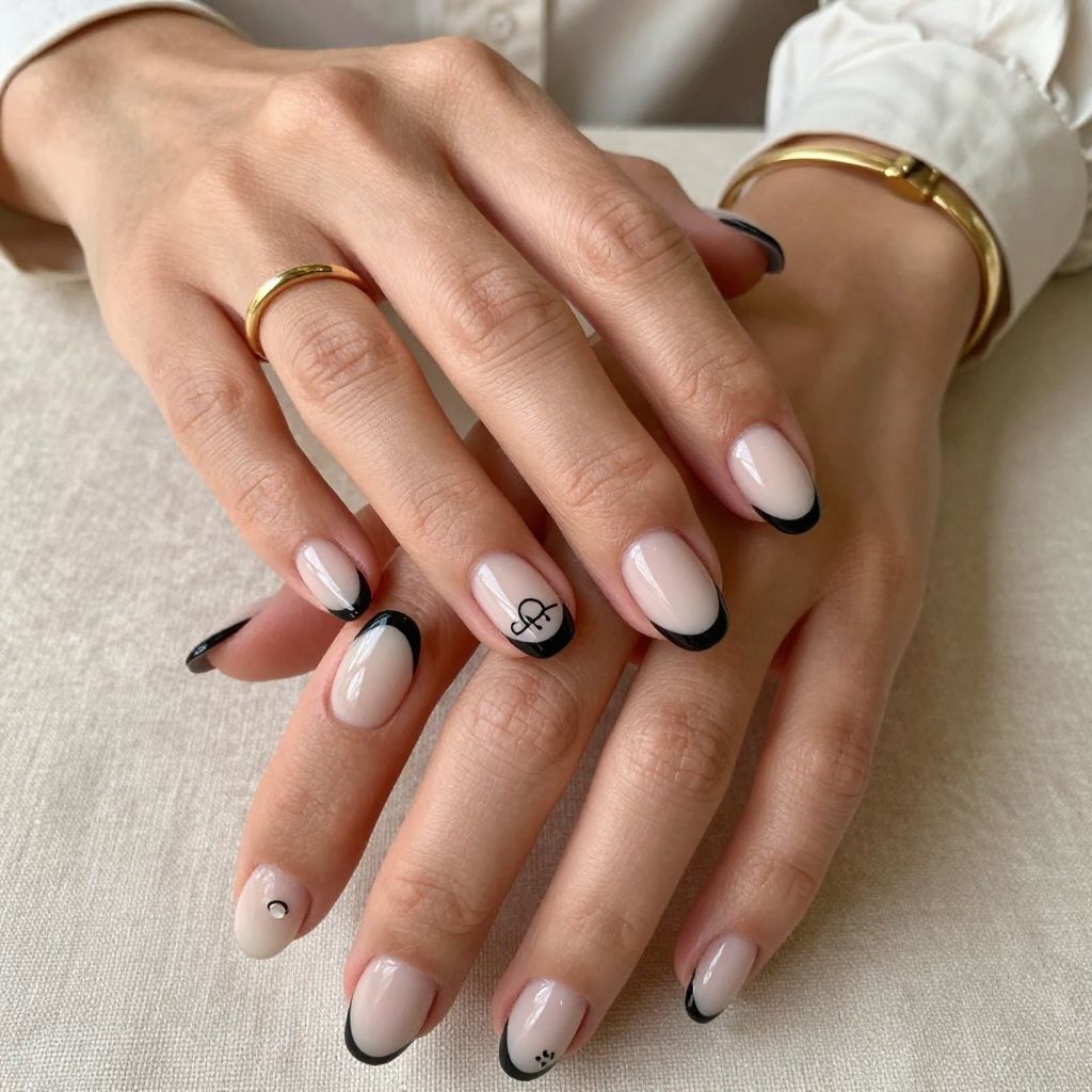 Soft Nude French Tips with Black Mini Logo