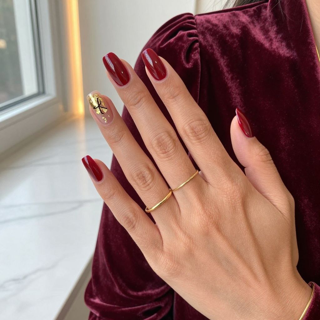 Bold Red Nails With Gold Foil and Stray Kids Signature