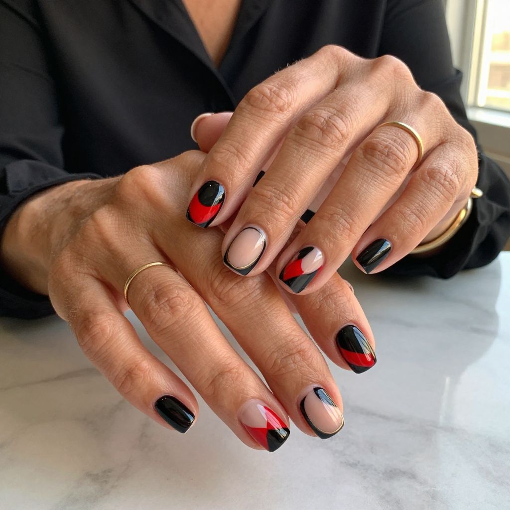 Half Moon Red And Black Nails