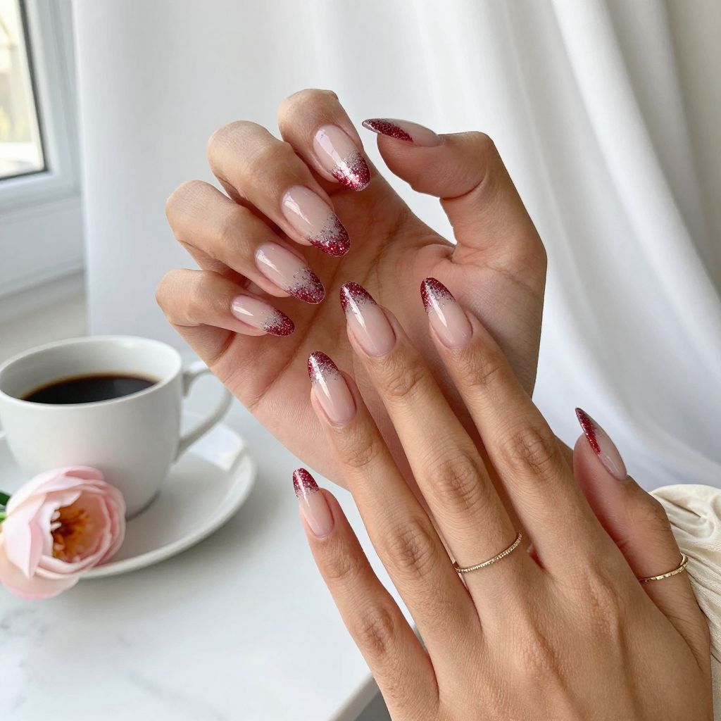 Red Glitter Tips On Nude Nails