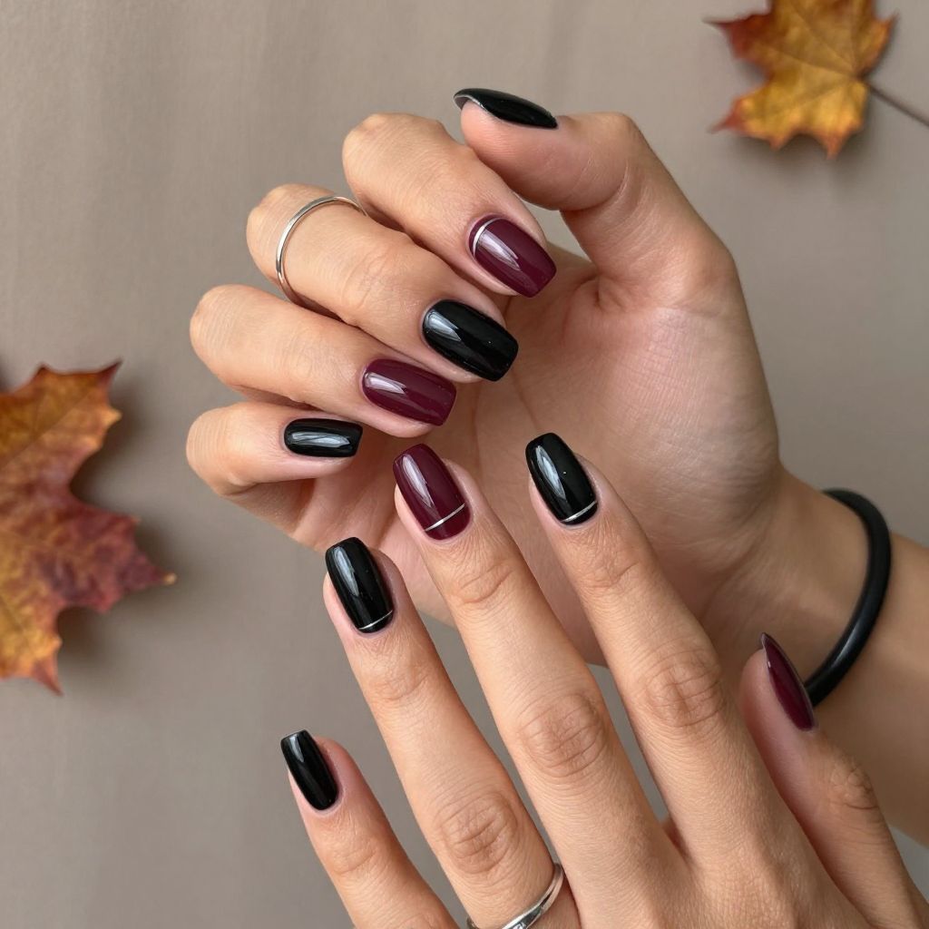 Black And Wine Negative Space Nails