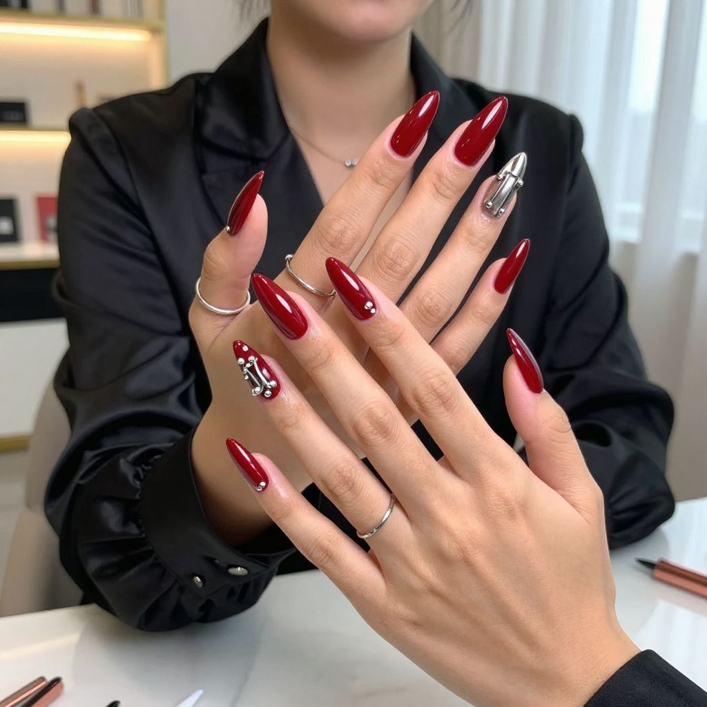 Dark Red Stiletto Nails With Micro Charms