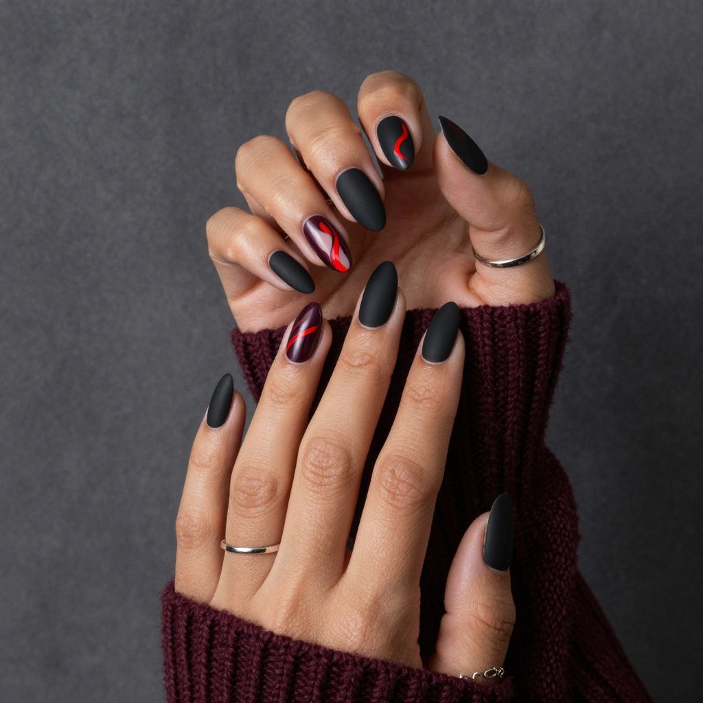 Matte Black And Red Swirl Nails