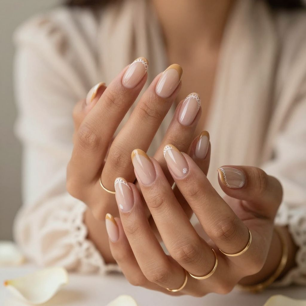 Tan French with White Lace Detail