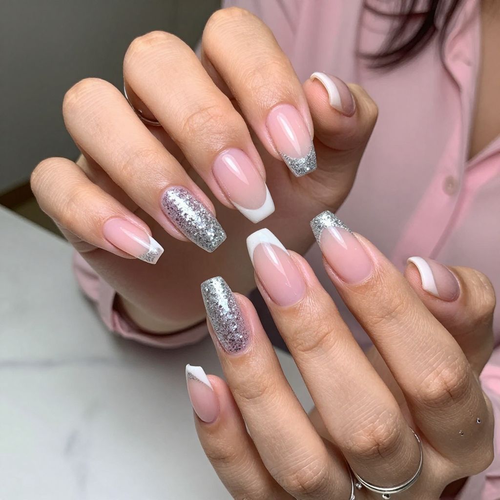 Glitter V Tips on Sheer Pink