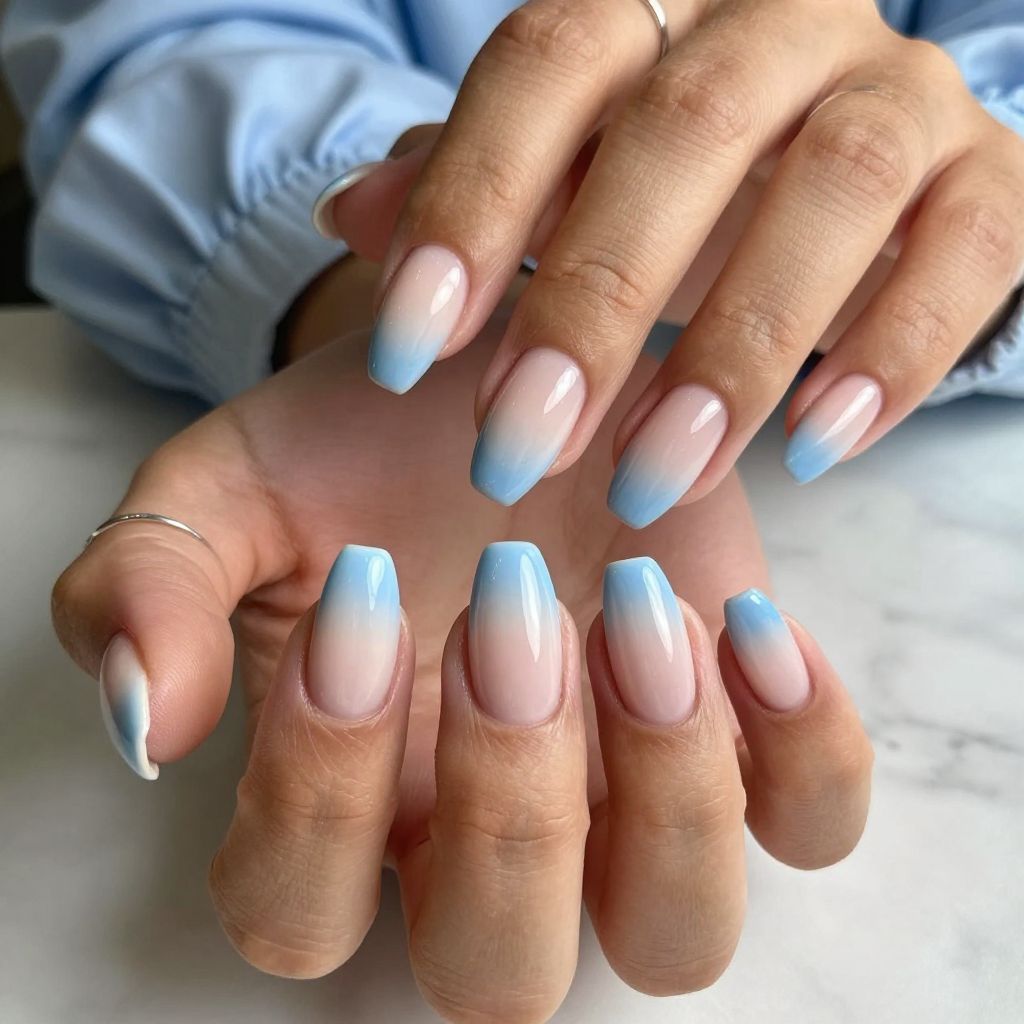 French Ombre V Tips with Baby Blue Gradient