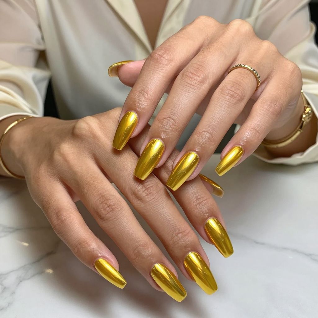 Metallic Yellow Chrome Coffin Glam