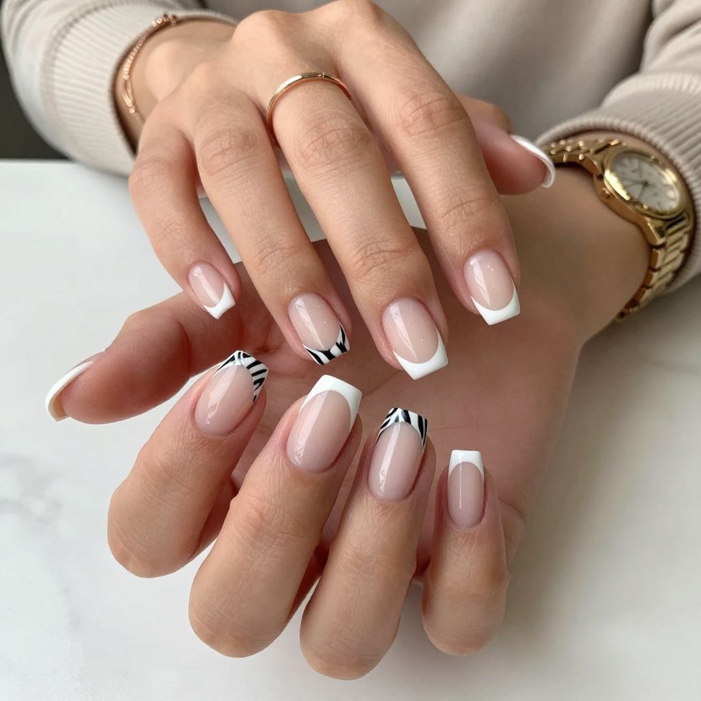 White French Tips with Zebra Details